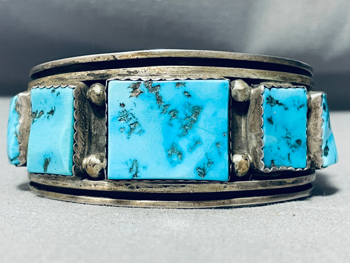 Opulent Vintage Native American Navajo Squared Turquoise Sterling Silver  Bracelet