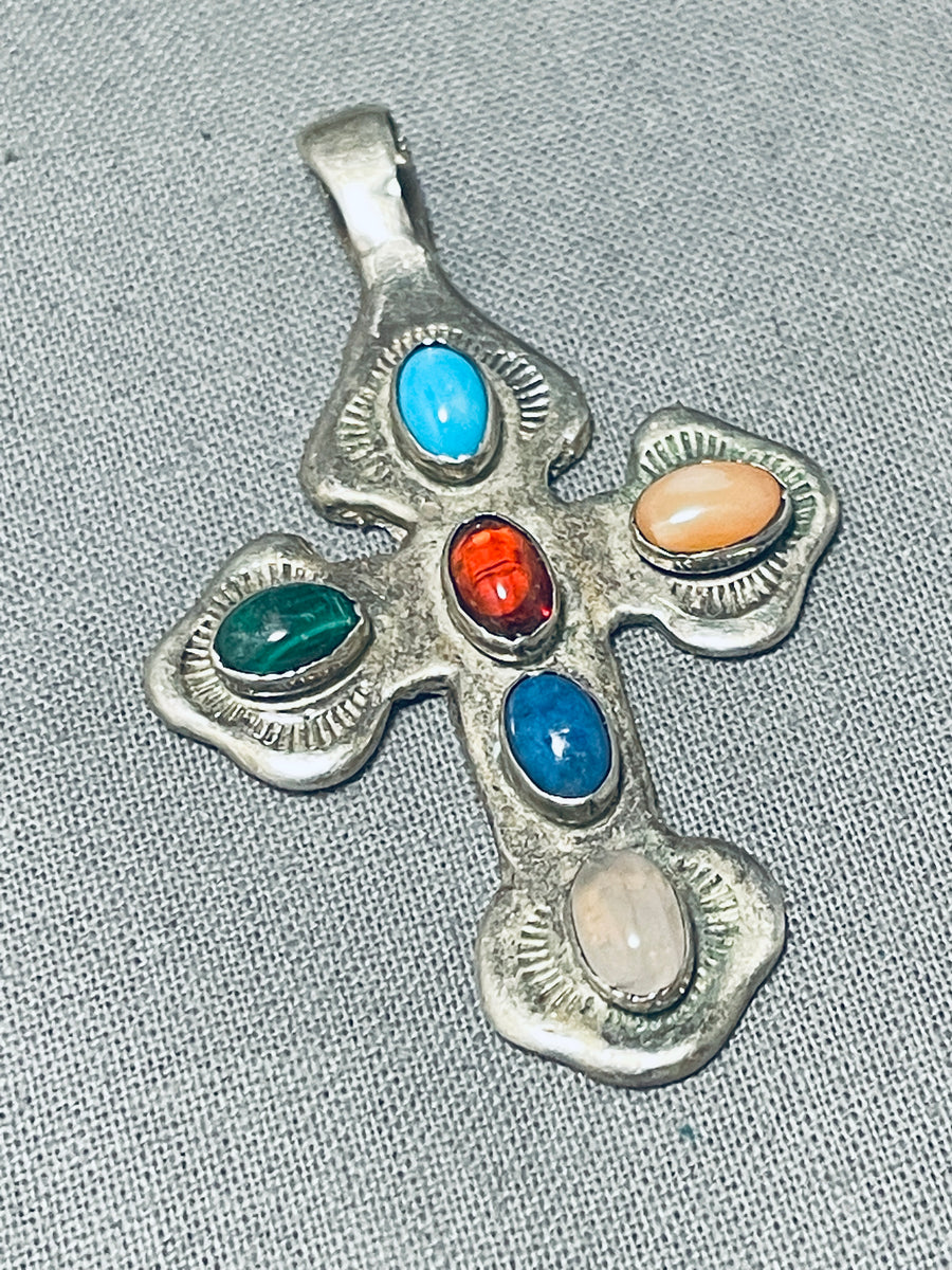 Beautiful Vintage Native American Navajo Turquoise Sterling Silver Cross  Pendant