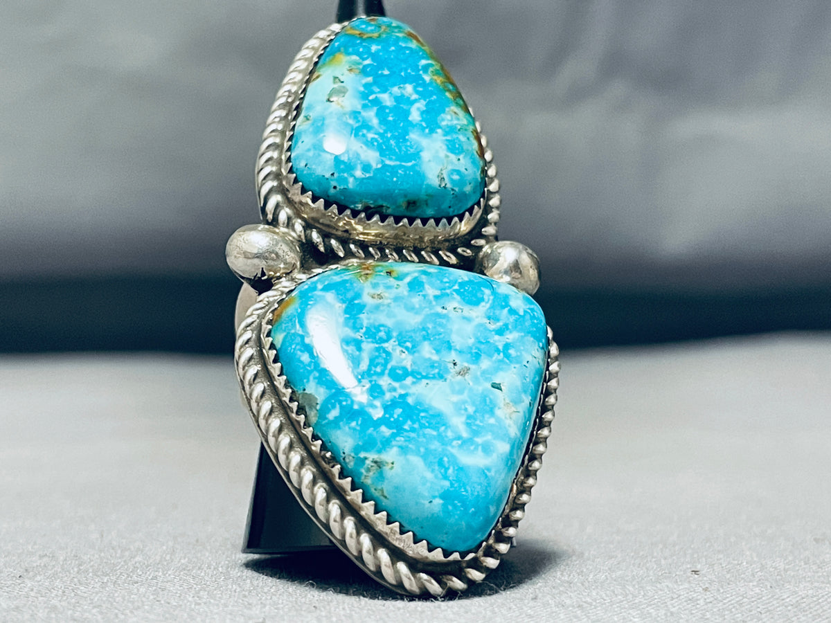 Huge Native American Navajo Double Turquoise Sturdy Sterling Silver Ri ...