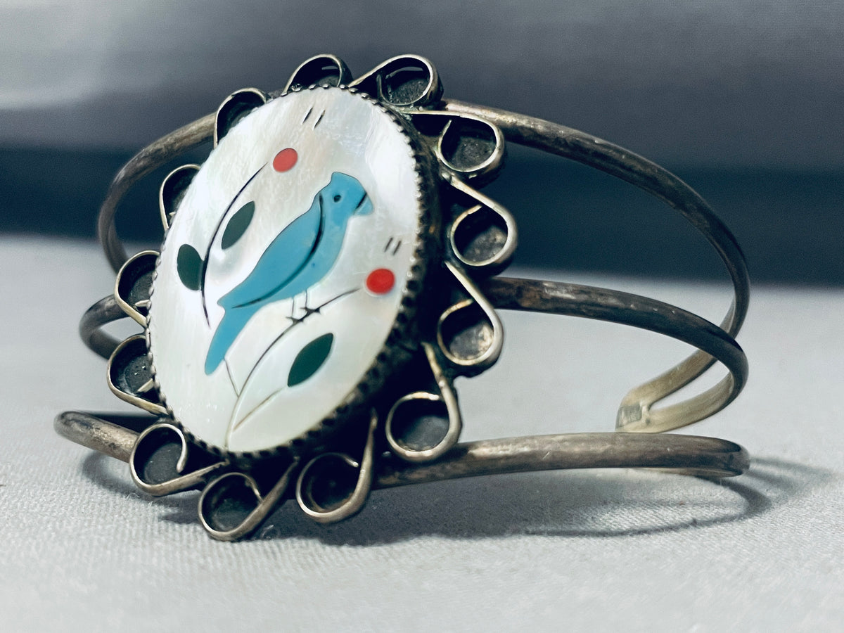 Ornate Vintage Native American Zuni Inlay Turquoise Blue Jay Sterling ...