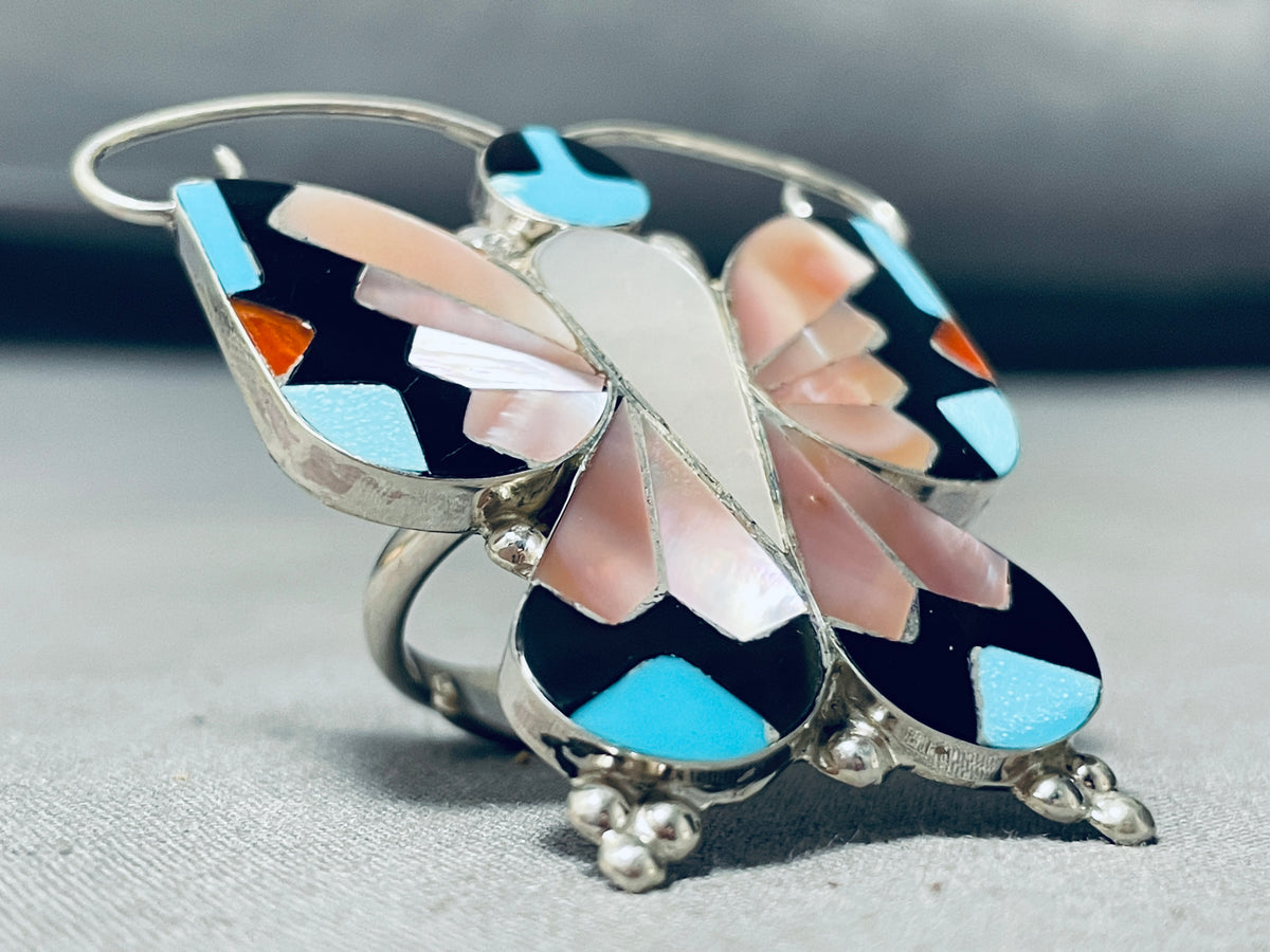 A+ Intricacy Vintage Native American Zuni Turquoise Inlay Sterling Sil ...