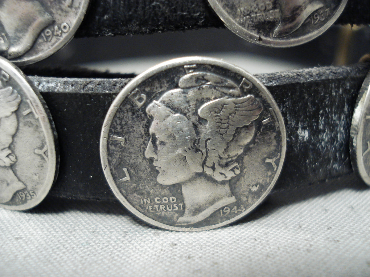 Unique Signed Native American Navajo Silver Coin Concho Belt 