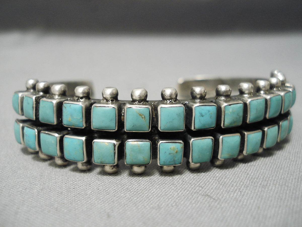 Thick Heavy Vintage Native American Navajo Squared Turquoise Sterling ...