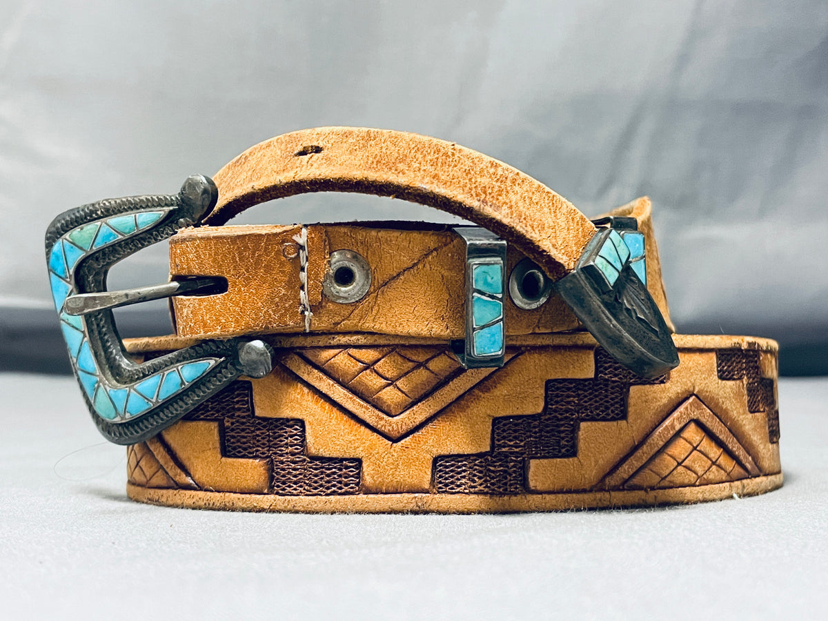 Vintage- Navajo Sterling Silver 925 Signed Turquoise Inlay Leather Belt Large Vintage Navajo Turquoise Chip Inlay Ketoh Design  main image 3
