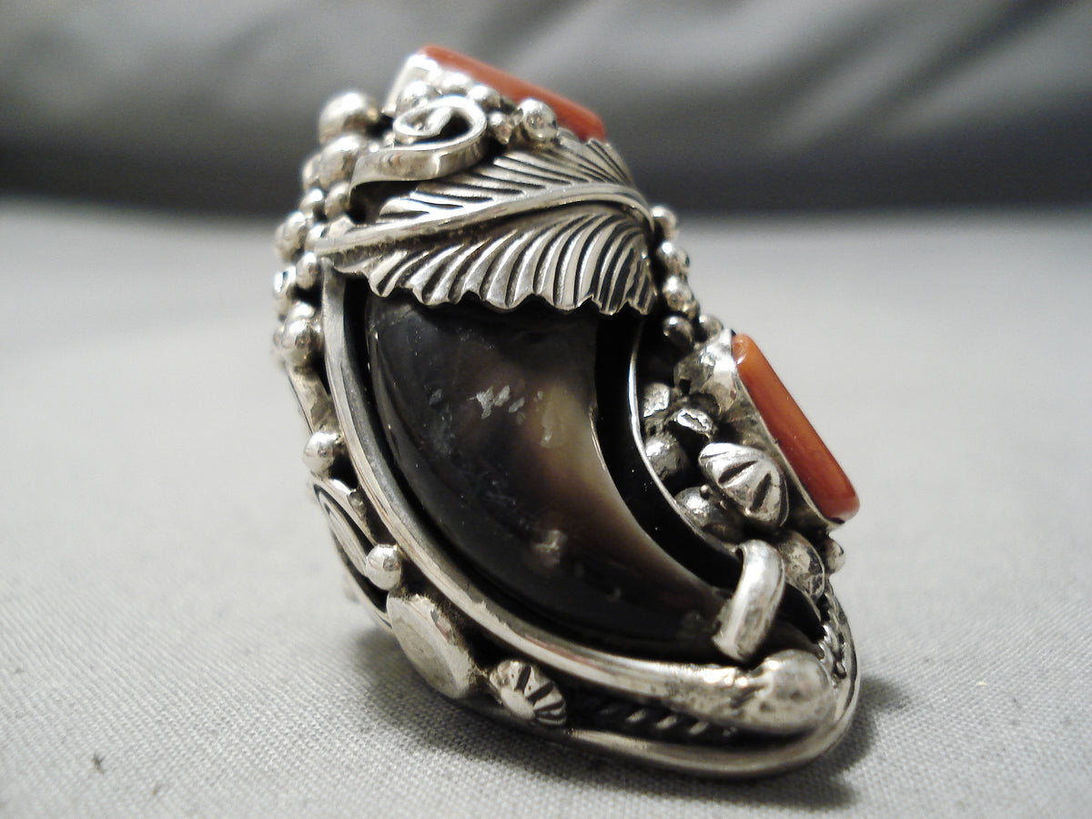 Colossal Vintage Navajo Coral Sterling Silver Native American Leaf Rin ...