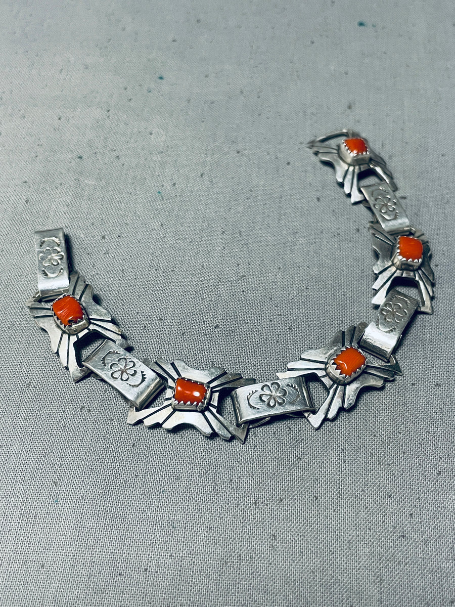 Unique Vintage Native American Navajo Coral Sterling Silver Link Brace ...