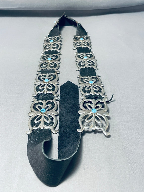 One Of A Kind Native American Navajo 10 Kingman Turquoise Sterling Silver Concho Belt-Nativo Arts