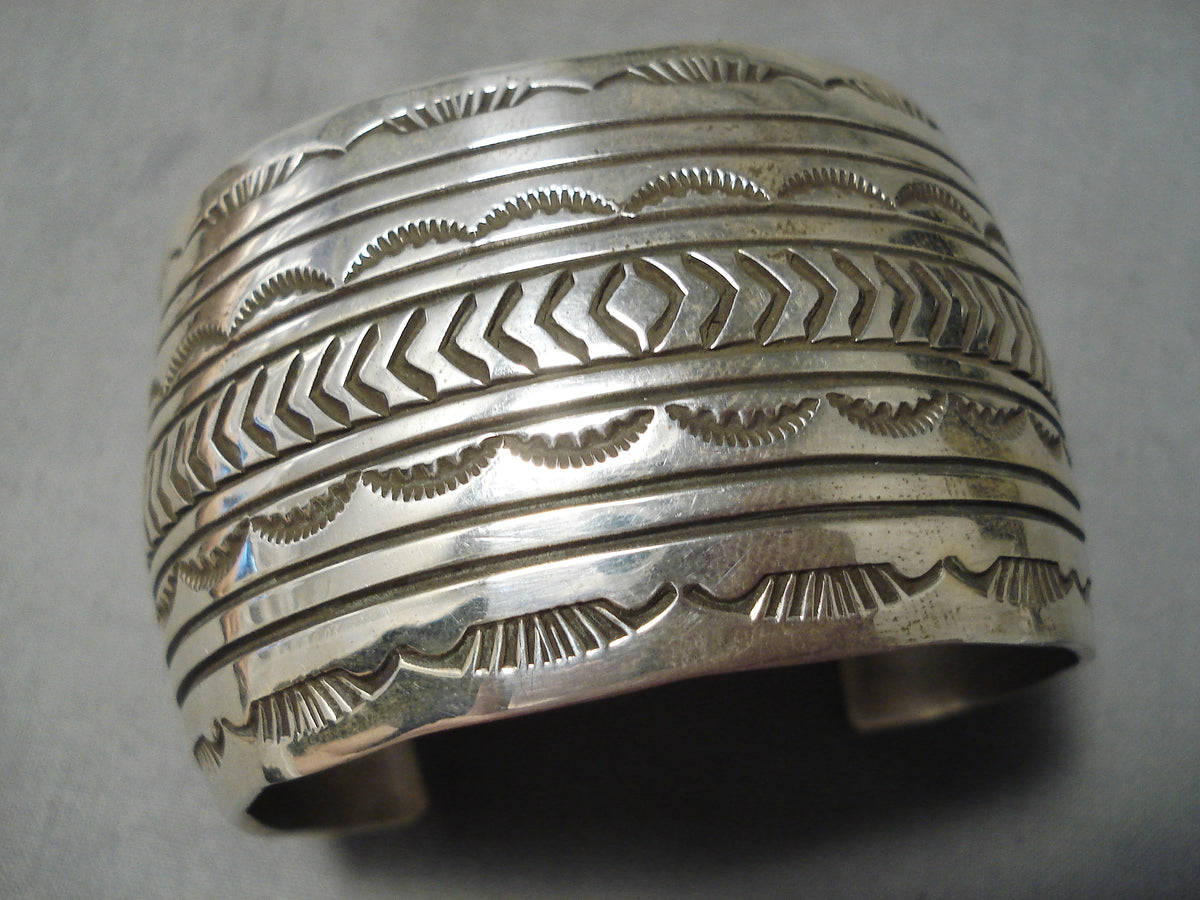 Huge So Detailed Vintage Native American Navajo Hand Tooled Sterling Silver  Bracelet Cuff