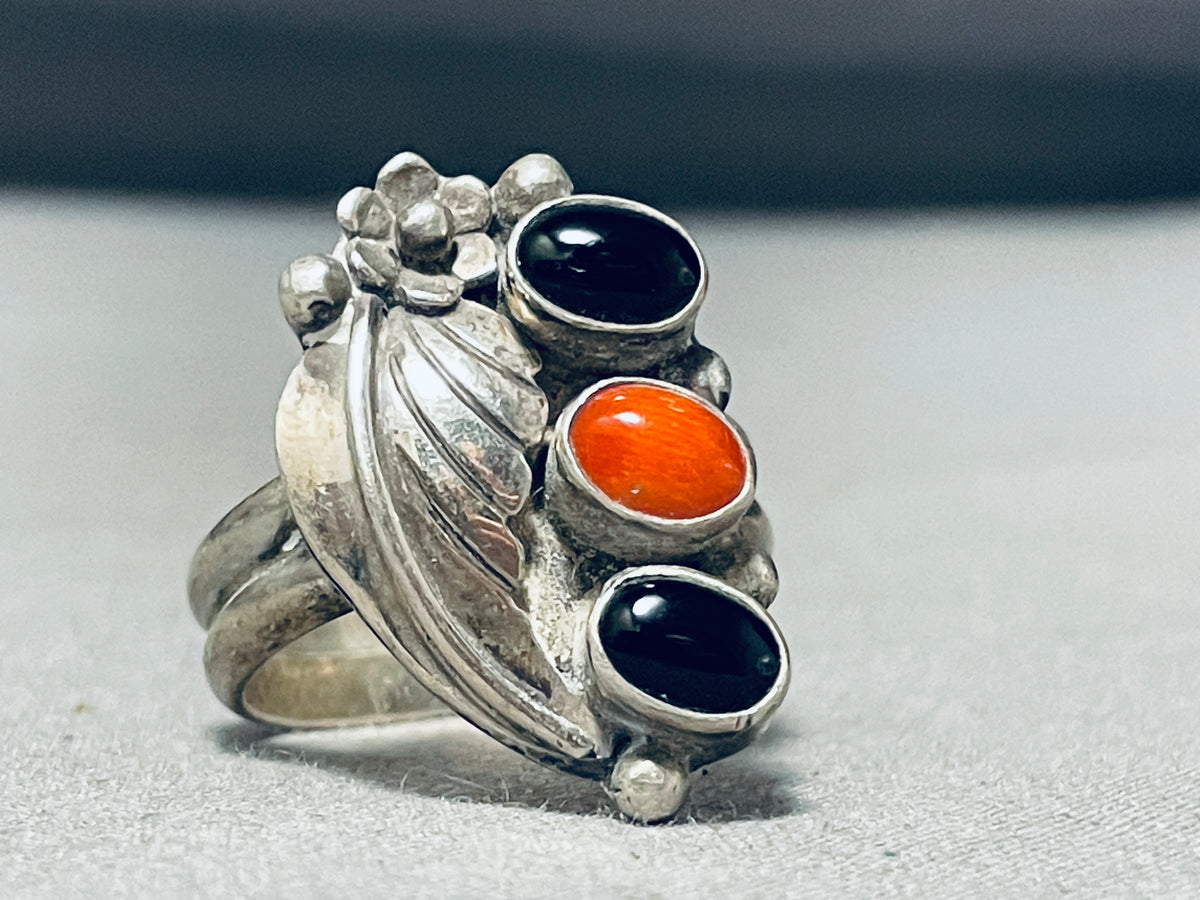 Rare Coral Jet Vintage Native American Navajo Sterling Silver Leaf Rin ...