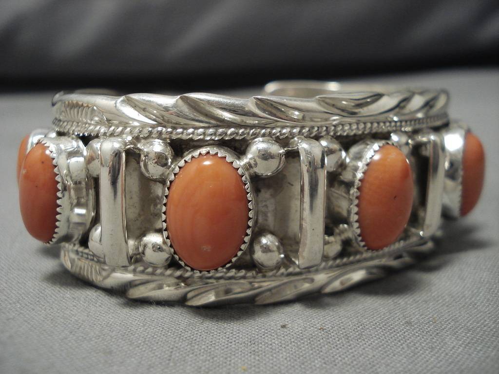 Heavy Vintage Native American Navajo Domed Coral Sterling Silver Brace ...