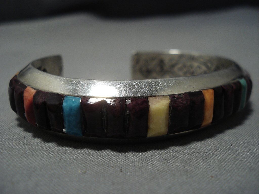Important Native American Jewelry Navajo Ray Adakai Turquoise Inlay Thick  Sterling Silver Bracelet