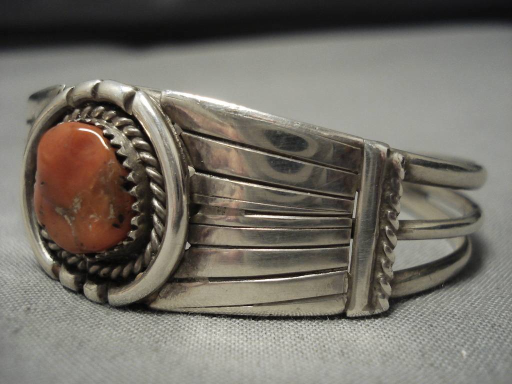 Marvelous Vintage Navajo Coral Sterling Silver Native American Bracele ...