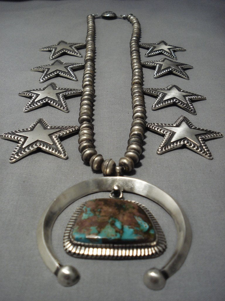 Matthew Charley Native American Jewelry Navajo Royston Turquoise Sterling  Silver Squash Blossom Necklace