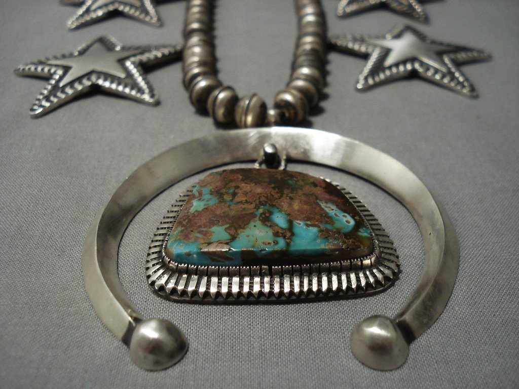 Matthew Charley Native American Jewelry Navajo Royston Turquoise Sterling  Silver Squash Blossom Necklace