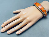 Intricate Vintage Native American Navajo Orange Shell Inlay Sterling Silver Bracelet-Nativo Arts