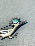 Whimsical Vintage Native American Navajo Blue Gem Turquoise Sterling Silver Road Runner Pin-Nativo Arts