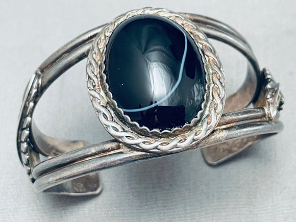 One Of The Best Vintage Native American Navajo Domed Onyx Sterling Silver Bracelet-Nativo Arts