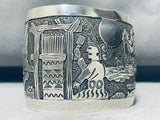 Hand Carved Native American Navajo Scene Wide Sterling Silver Bracelet Cuff-Nativo Arts