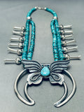 Gorgeous Native American Navajo Turquoise Sterling Silver Buttefly Squash Blossom Necklace-Nativo Arts