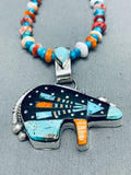 Super Intricate Native American Navajo Bear Turquoise Inlay Sterling Silver Necklace-Nativo Arts