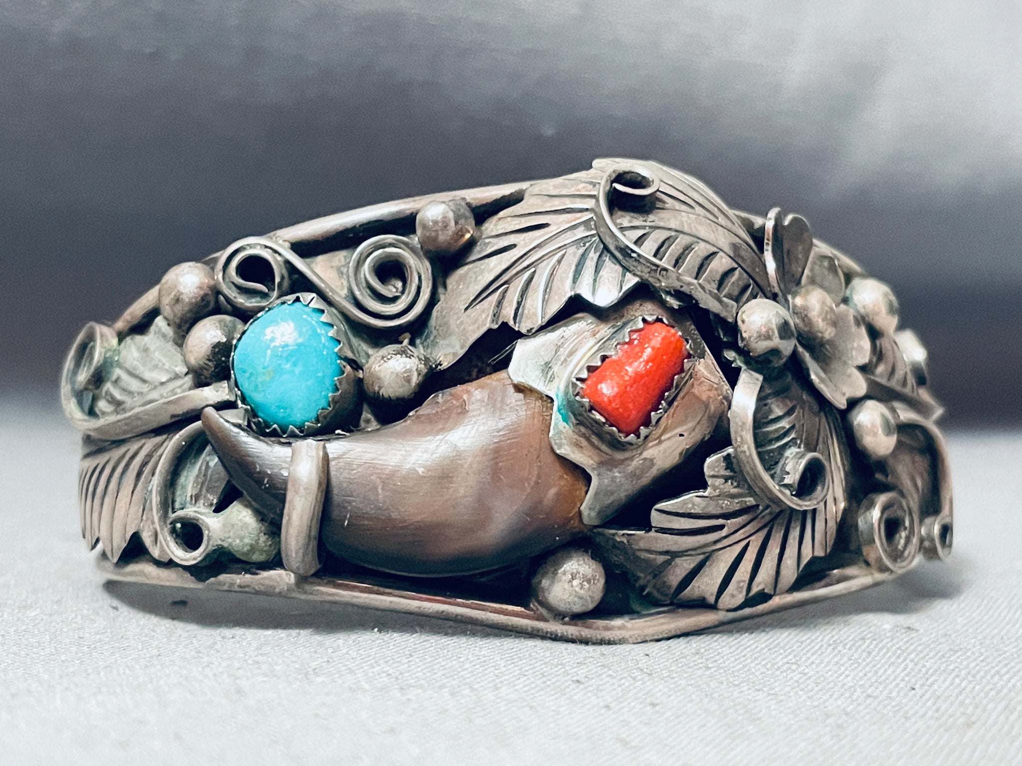 Detailed Vintage Native American Navajo Turquoise Coral Sterling