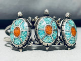 Intricate Turtles!! Vintage Native American Navajo Turquoise Sterling Silver Inlay Bracelet-Nativo Arts