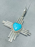 Rob Yellowhorse Native American Navajo Morenci Turquoise Sterling Silver Zia Necklace-Nativo Arts
