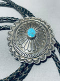 Native American Mesmerizing Yaqui Signed Spiderweb Turquoise Sterling Silver Bolo-Nativo Arts