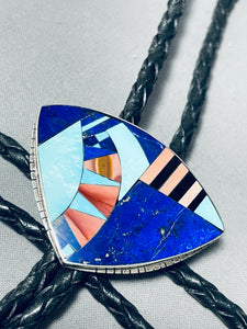 One Of The Coolest Vintage Native American Navajo Lapis Inlay Sterling Silver Bolo Tie-Nativo Arts
