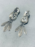 Exquisite Vintage Native American Navajo Sterling Silver Feathers Leaves Pendant Earrings-Nativo Arts