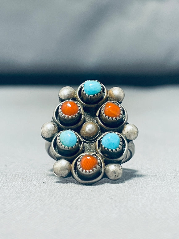 Impressive Vintage Native American Navajo Sleeping Beauty Turquoise & Coral Sterling Silver Ring-Nativo Arts