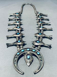 Gasp! Vintage Native American Navajo Turquoise Sterling Silver Squash Blossom Necklace 148 Grams-Nativo Arts