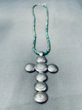 Huge Button Sterling Silver Vintage Native American Navajo Turquoise Cross Necklace-Nativo Arts