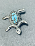 Precious Vintage Native American Navajo Blue Gem Turquoise Sterling Silver Turtle Pin-Nativo Arts
