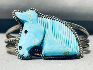 Omg Hand Carved Horse Vintage Native American Navajo Sterling Silver Turquoise Bracelet-Nativo Arts