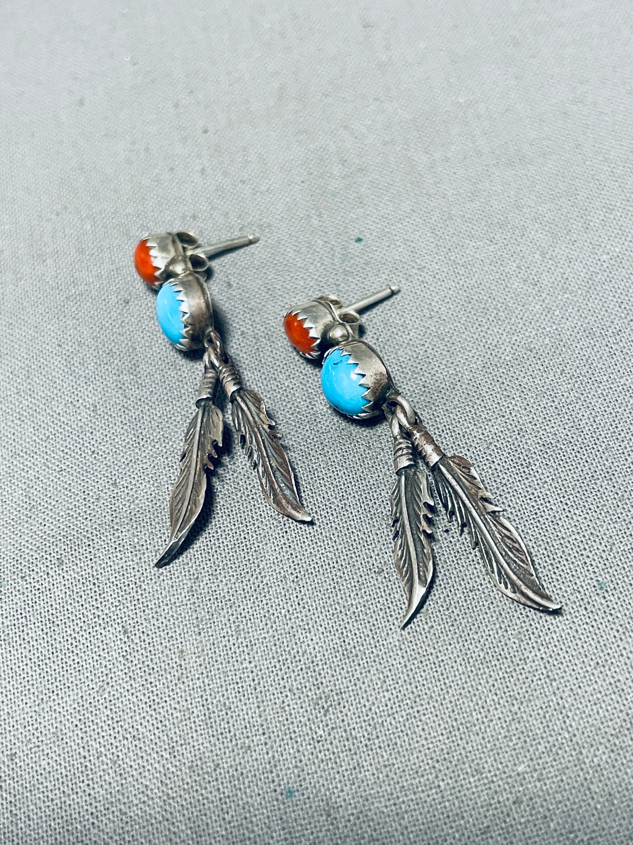 Vintage Southwest earrings feathers sterling silver signed 2024 JAC turquoise boho