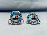 One Of Best Native American Navajo Blue Gem Turquoise Coral Inlay Silver Cuff Links-Nativo Arts