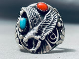Huge Heavy Vintage Native American Navajo Eagle Sterling Silver Turquoise Ring