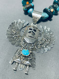 Fascinating Native American Navajo Signed Kingman Turquoise Spiny Silver Kachina Necklace-Nativo Arts