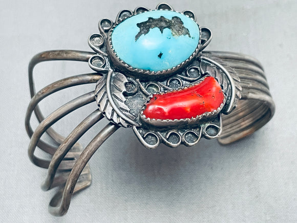 Authentic Vintage Native American Navajo Turquoise Coral Sterling Silver Bracelet-Nativo Arts