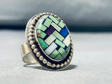 One Of The Most Intricate Vintage Native American Navajo Green Turquoise Sterling Silver Ring-Nativo Arts