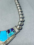 Ray Tracey Vintage Native American Navajo Turquoise Inlay Sterling Silver Necklace-Nativo Arts