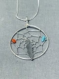 Dazzling Native American Navajo Turquoise Coral Sterling Silver Dreamcatcher Necklace
