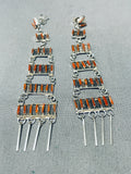 Pueblo Ladder Vintage Native American Zuni Coral Sterling Silver Earrings-Nativo Arts