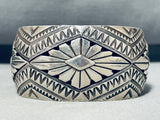 Hypnotic Vintage Native American Navajo Sterling Silver Geometric Handcarvings Huge Bracelet-Nativo Arts