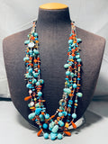 Amazing Native American Navajo Turquoise Coral Spiny 6 Strand Silver Treasure Necklace-Nativo Arts