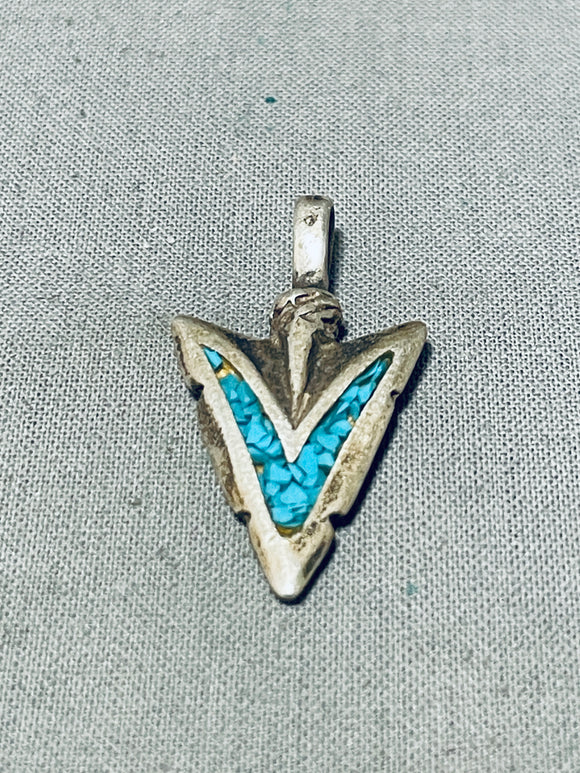 Rare Vintage Native American Navajo Turquoise Chip Inlay Sterling Silver Arrowhead Pendant-Nativo Arts