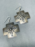 Supreme Vintage Native American Navajo Sterling Silver Cross Handstamped Earrings-Nativo Arts