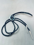 Native American Super Intricate Vintage Navajo Turquoise Jet Sterling Silver Inlay Bolo Tie-Nativo Arts