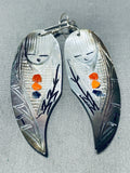 Extraordinary Native American Zuni Shell Turquoise Coral Cornstalk Maiden Earrings-Nativo Arts